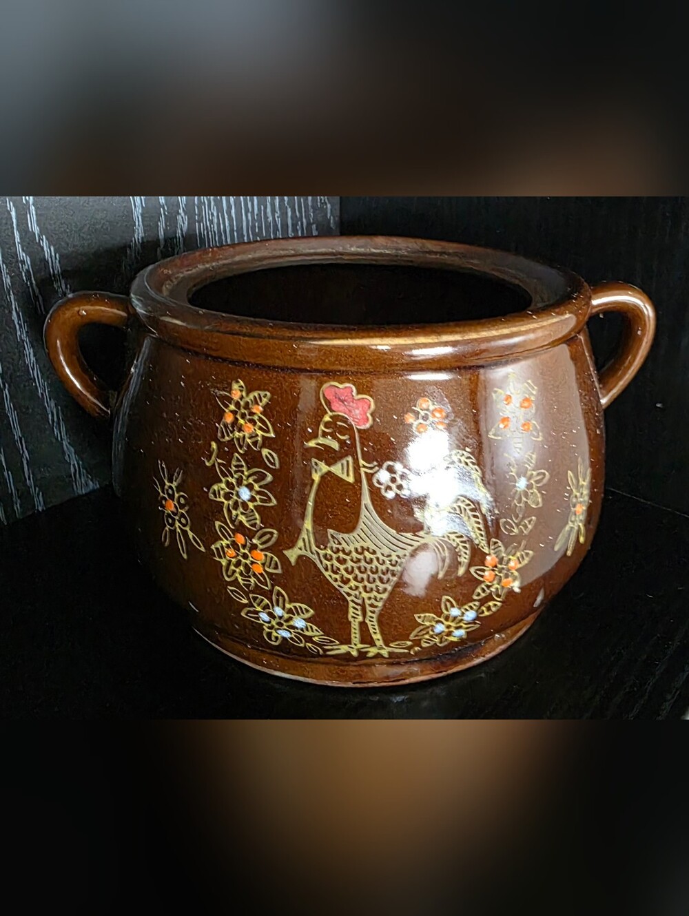 Vintagw Brown Ceramic Soup Pot with Rooster No Lid